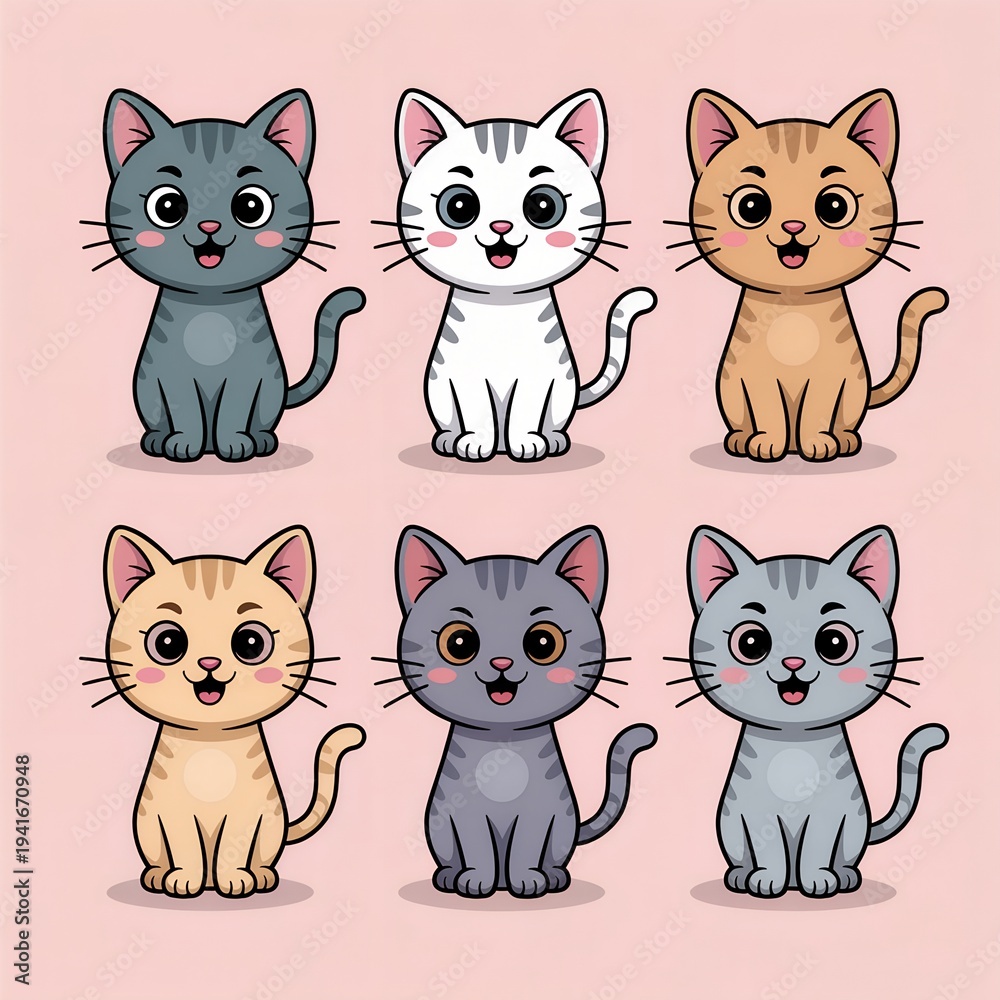 Obraz premium Six adorable cartoon cats with different colors and expressions are shown