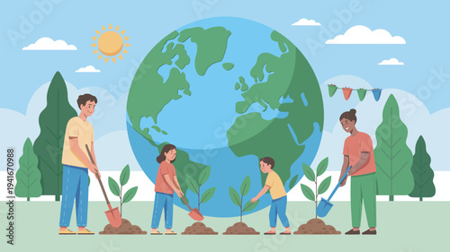 A diverse group of people planting trees and taking care of the Earth on a sunny day