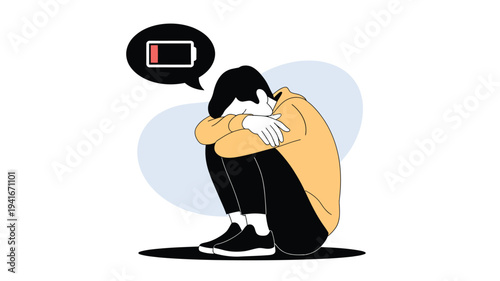 exhausted man sitting with low battery symbol representing burnout stress fatigue mental exhaustion and lack of energy flat vector illustration