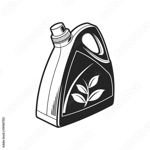Plastic bottle with leaf symbol in black and white eco recycling illustration