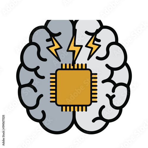 Stylized Human Brain Concept with Integrated Central Processing Unit and Electrical Energy Flashes Symbolizing Artificial Intelligence and Cognitive Processing Power