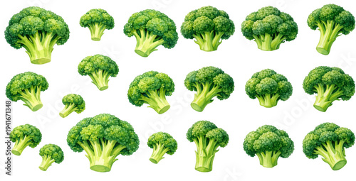 A charming watercolor collection of fresh broccoli florets featuring green vegetable pieces illustrated in a detailed botanical food style.