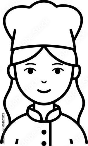 Hand Drawn Woman as Chef Black and White Avatar Illustration in Minimal Line Art Style Design