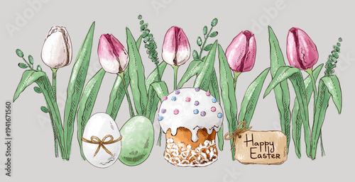 Clip art with Easter cake, eggs, tulips, grass and cardboard sign. Happy Easter. Vintage postcard composition. Imitation of pastels, hand-drawn.