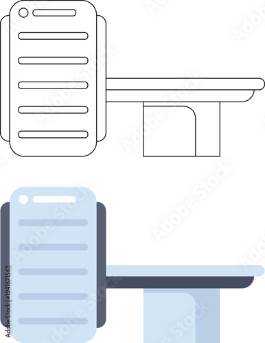 A professional vector set featuring both outline and flat color illustrations of an MRI (Magnetic Resonance Imaging) scanner from a side profile.