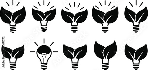 Eco Light Bulb with Leaf Icon Set Representing Green Energy, Sustainable Innovation, Environmental Technology, Renewable Power, and Eco Friendly Idea Concepts for Modern Design