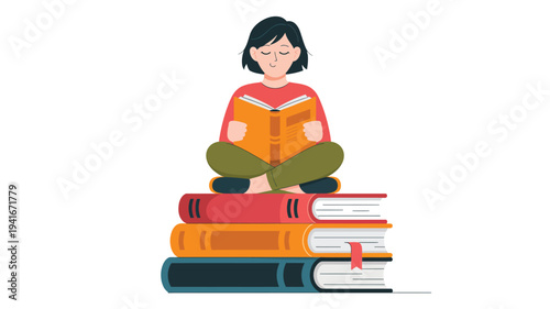 young girl reading book while sitting on stack of books flat vector illustration representing education learning knowledge study habit