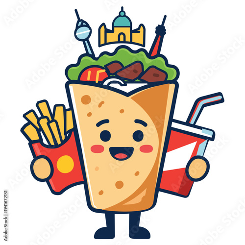 Cute Kawaii Döner Kebab character with Berlin landmarks. Fun cartoon character of a kebab wrap holding fries and a drink, featuring Berlin landmarks like TV Tower and Brandenburg Gate. Playful mascot 