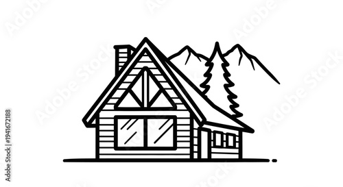 Cabin House Illustration with Mountains.
