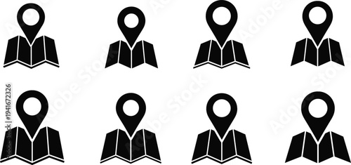 Map Location Pin with Folded Map Icon Set for Navigation, GPS Tracking, Travel Destination, Route Finder, and Geographic Interface Design