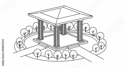 Gazebo with Pillars and Surrounding Trees.