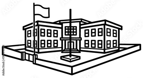 Government Building with Flagpole and Monument.