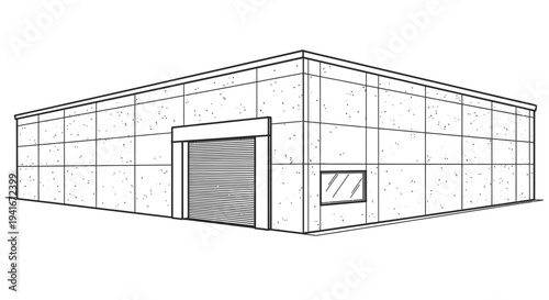 Industrial Building with Metal Panels and Garage Door.