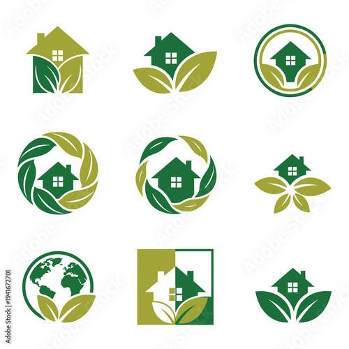 Eco friendly home and leaf green icons set for sustainable living icon