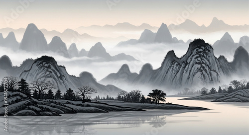 Serene Traditional Chinese Ink Landscape Painting.