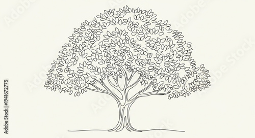 Detailed Illustration of a Large Tree with Extensive Branches and Foliage.