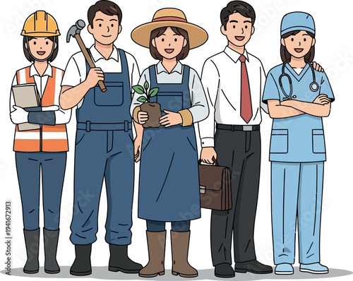 A diverse group of professionals representing various occupations and industries, standing together in a line