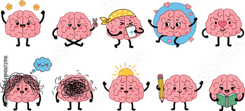 Set of Cute Cartoon Brain Characters Expressing Various Emotions and Activities Including Studying Relaxing Stress and Happiness for Mental Health and Educational Designs