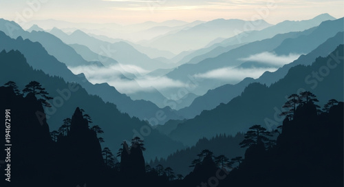 Majestic Mountain Range with Layered Hills and Fog.