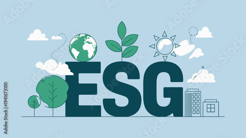 A graphic illustration of ESG with environmental and sustainable elements