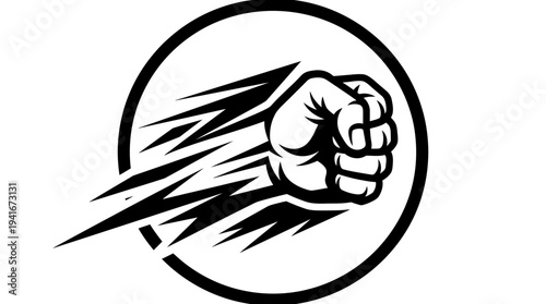 A dynamic black and white graphic illustration of a powerful fist punching forward with speed lines, enclosed in a circular emblem.