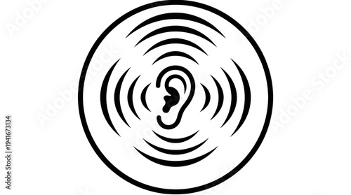 Black and white illustration of an ear with concentric sound waves, symbolizing hearing and audio perception.