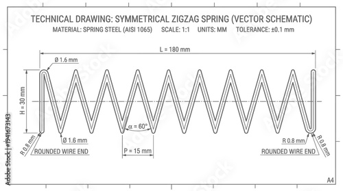 Technical drawing of a symmetrical zigzag spring made from spring steel with detailed dimensions and specifications.