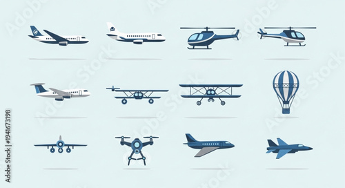 Collection of Various Aircraft Types in Flat Vector Style.