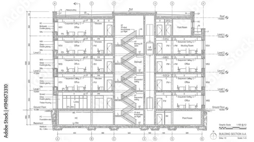 Comprehensive Architectural Floor Plan of a Multi-Story Building with Room Layouts and Dimensions in Bright Studio