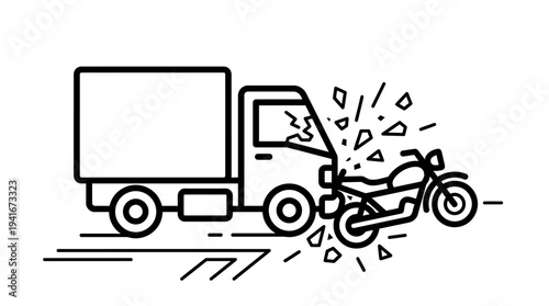 Line art illustration depicting a severe road accident between a delivery truck and a motorcycle, showing impact and shattered glass.