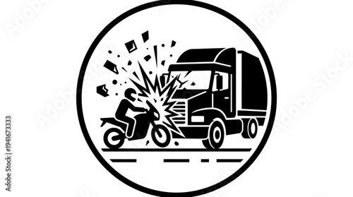 Black and white illustration of a severe motorcycle and truck collision on a road, depicting an accident with flying debris.