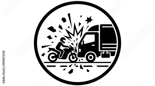 Black and white icon depicting a severe collision between a motorcycle and a truck, illustrating a road accident with debris and impact.