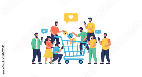 Online Shopping & Social Commerce: Diverse People with Mobile Phones Filling a Shopping Cart with Gifts