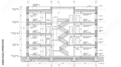 Detailed Architectural Cross-Section of a Multi-Story Building with Floor Plans and Structural Elements in Bright Studio