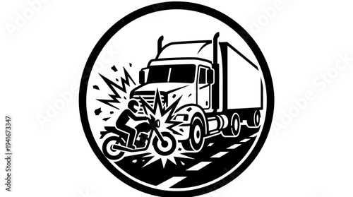 Black and white illustration of a semi-truck colliding with a motorcycle on a road, depicting a serious traffic accident.