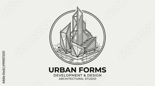 A minimalist line-art logo for Urban Forms Architectural Studio, featuring modern geometric skyscrapers and buildings within a circular frame on a light background.