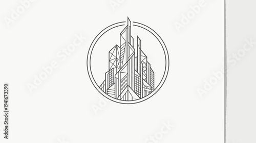 Minimalist line art illustration of a modern cityscape with geometric buildings enclosed within a circular frame, presented in a clean, abstract style.