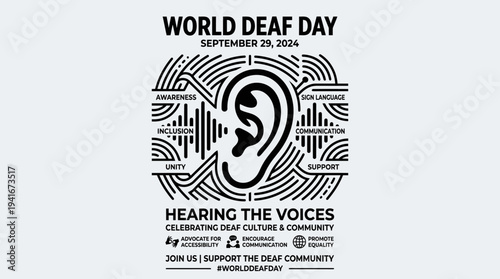 World Deaf Day 2024 poster celebrating deaf culture and community, featuring a stylized ear surrounded by words like awareness, inclusion, and support.