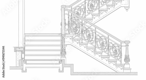 Ornate Staircase with Decorative Railings and Steps.