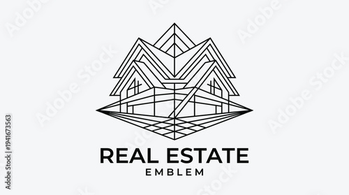 Modern geometric line art real estate emblem with abstract house design and "REAL ESTATE EMBLEM" text.