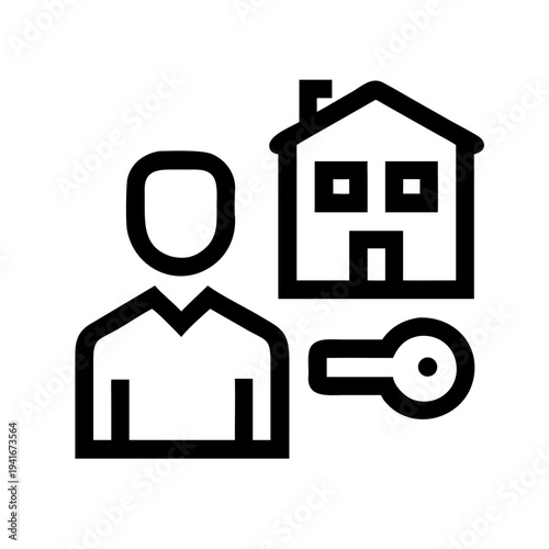 Person holding a key next to a house icon symbolizing homeownership isolated on white background, Vector