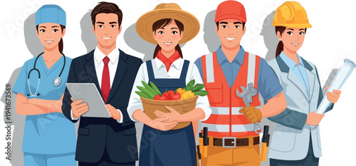 A vibrant illustration depicting a diverse group of essential professionals and skilled workers, representing various industries and career paths in a modern, collaborative workforce
