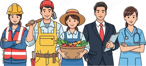 Professional lineup representing a diverse workforce with occupations spanning construction, agriculture, business, and healthcare, illustrating career variety and essential roles