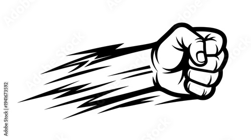 Dynamic Punching Fist with Motion Blur Speed Lines on Isolated White Background