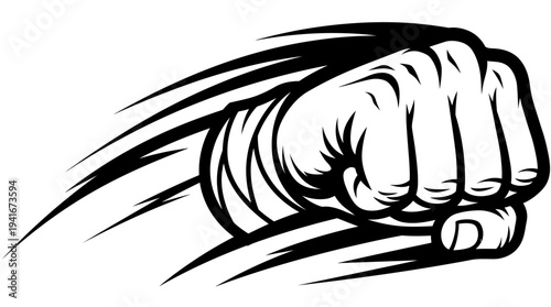 Powerful Fisted Hand with Dynamic Speed Lines and Impact Effect on Isolated White Background