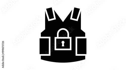 Black Bulletproof Vest or Body Armor Icon with Lock Symbol on Isolated White Background