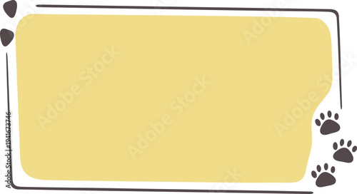 Empty cute cat or dog, pet frame set, speech bubble with ears and tail, border with paw print. Doodle sketch hand drawn elements. Footprint badge, border divider