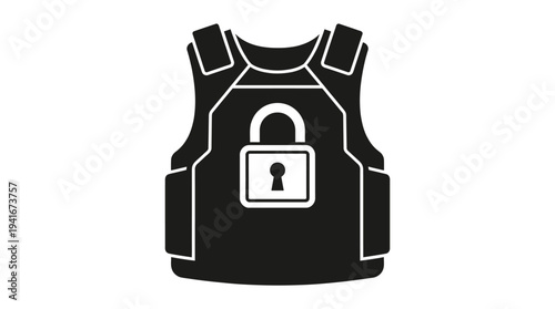 Black bulletproof vest with a white padlock icon, symbolizing security, protection, and safety.