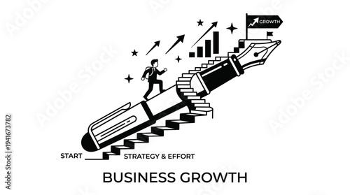 Conceptual illustration of a businessman climbing a staircase on a giant fountain pen towards a growth flag, symbolizing business strategy, effort, and success.