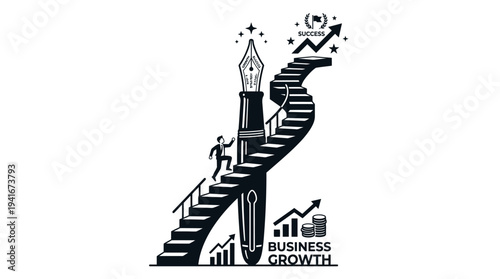 Monochrome illustration of a person climbing a winding staircase around a fountain pen towards success and business growth.